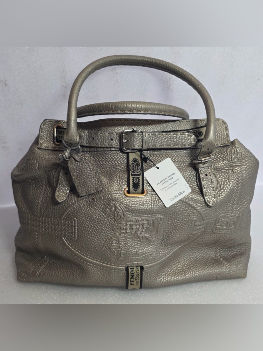 Rare Fendi Selleria Handmade Leather Tote Gray Horse Embossed Luxe Satchel